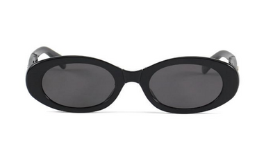 Black oval sunglasses with silver accents on a white background